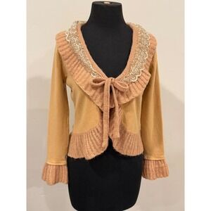 90s Vintage Brown Bohemian Womens Nomad Style Cardigan Lace/Ruffle Tie front Y2K